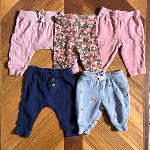 Bundle of 5 0-3 Month Baby Pants in Pink, Floral, Blue, and Navy